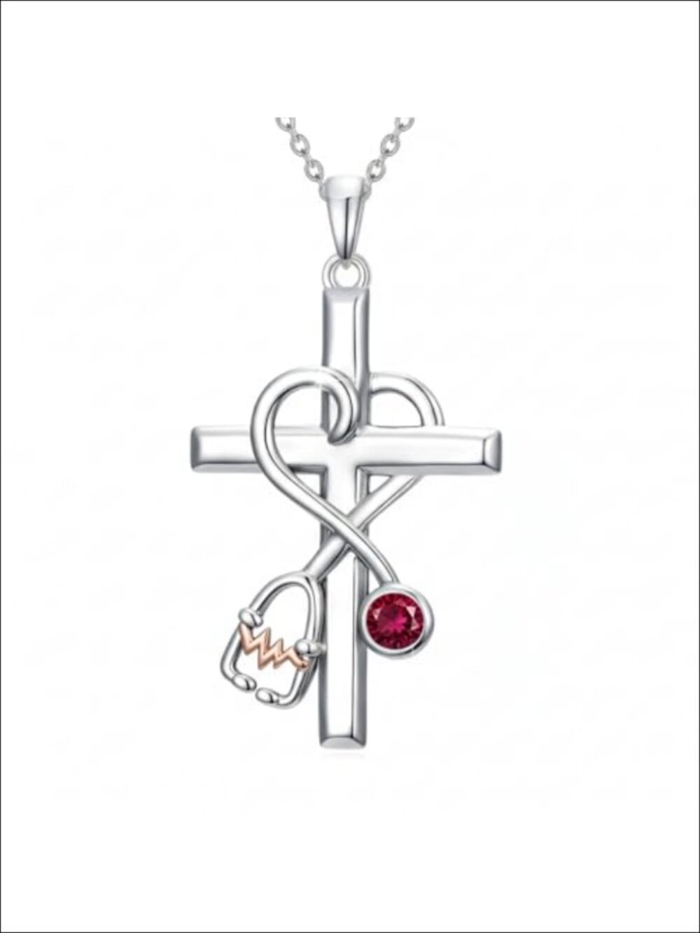 Nurse Birthstone Cross Stethoscope Pendant Necklace 18in Chain